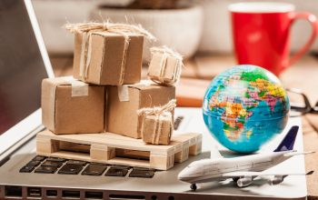 Global logistics concept with online trading and shopping in the internet, packages to be delivered after ordering on the computer